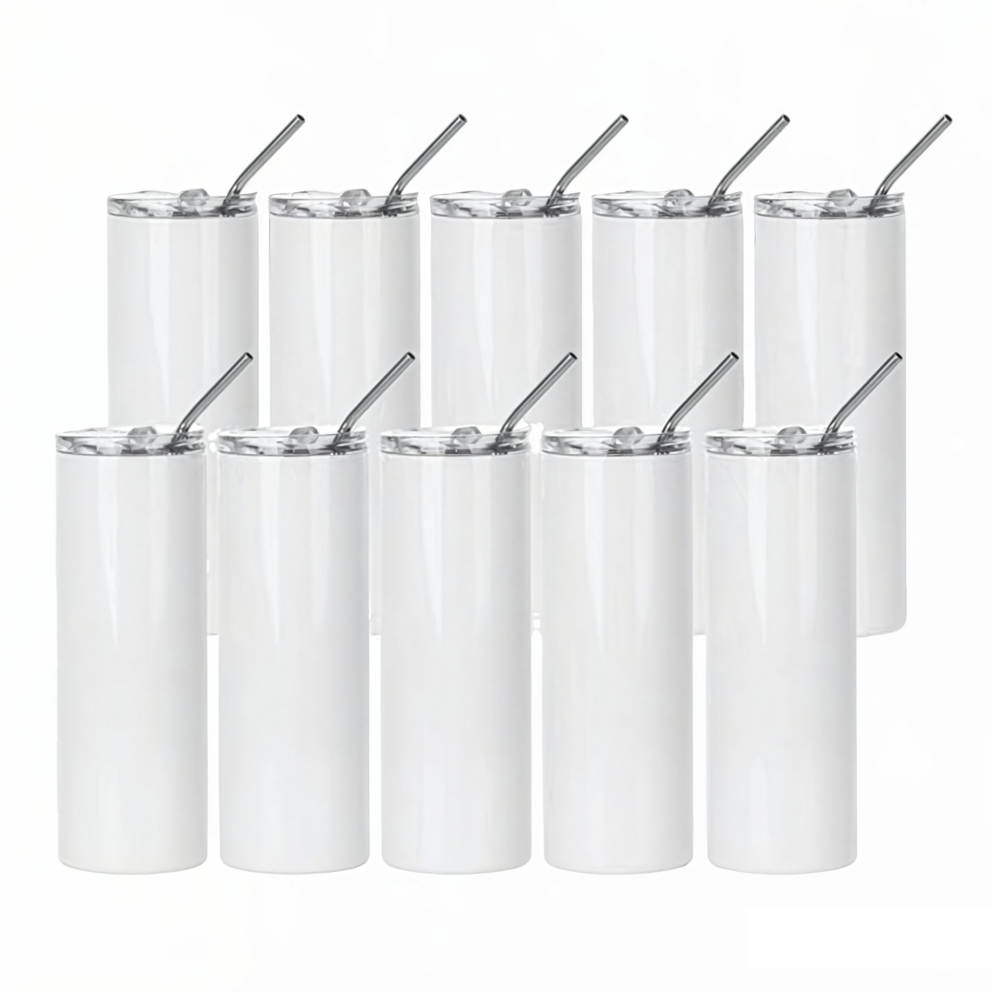 Skinny 20 OZ Straight Stainless Steel White Tumbler with Metal Straw for Heat Press Machine Printing 10 Pack