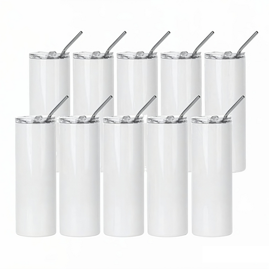 Skinny 20 OZ Straight Stainless Steel White Tumbler with Metal Straw for Heat Press Machine Printing 10 Pack