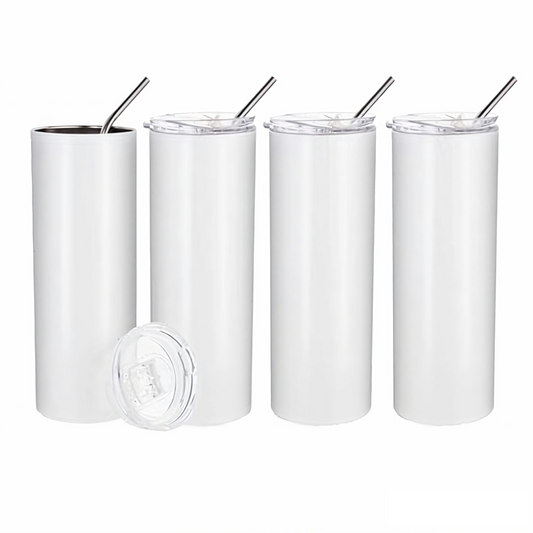 Skinny 20 OZ Straight Stainless Steel White Tumbler with Metal Straw for Heat Press Machine Printing 4 Pack